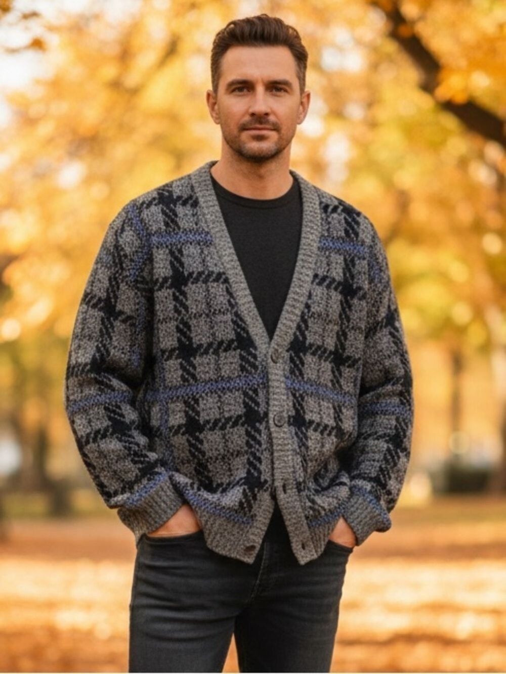 Vintage 90s Grandpa Core Plaid Knit Cardigan Sweater Gray Blue Oversized Large